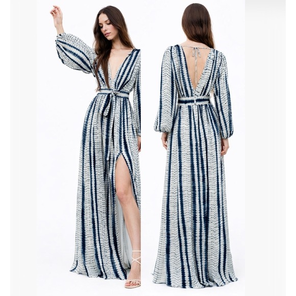Nocturne Dresses & Skirts - NOCTURNE Varyant Tie Waist Maxi Dress Boho Abstract Print Deep V Neck Size XL